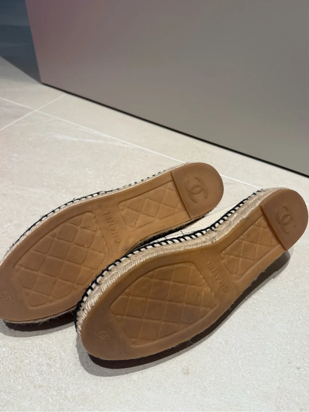 CHANEL Beige Quilted Espadrilles with Black CC Emblem